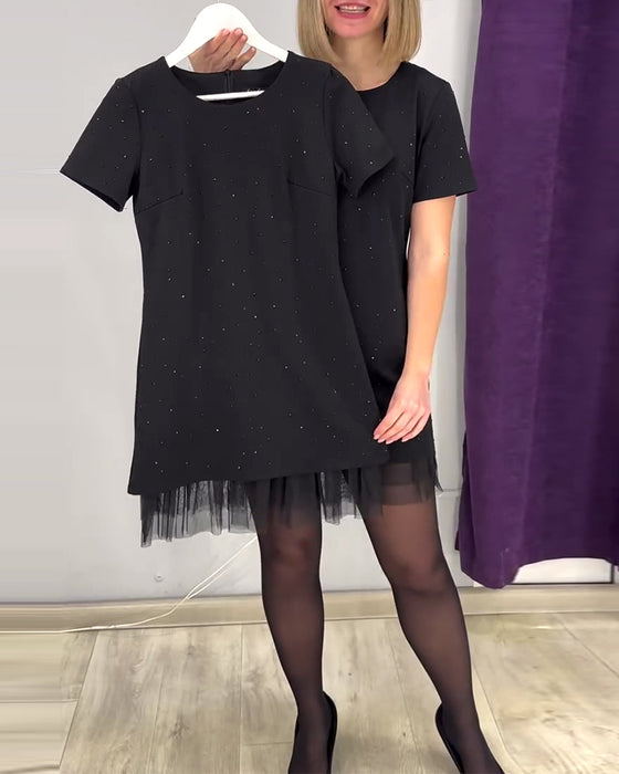 Kortærmet Rhinestone Patchwork Kjole