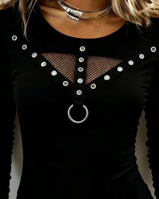 Bluse Rund Hals Blonde Panel Udskæring Metalring