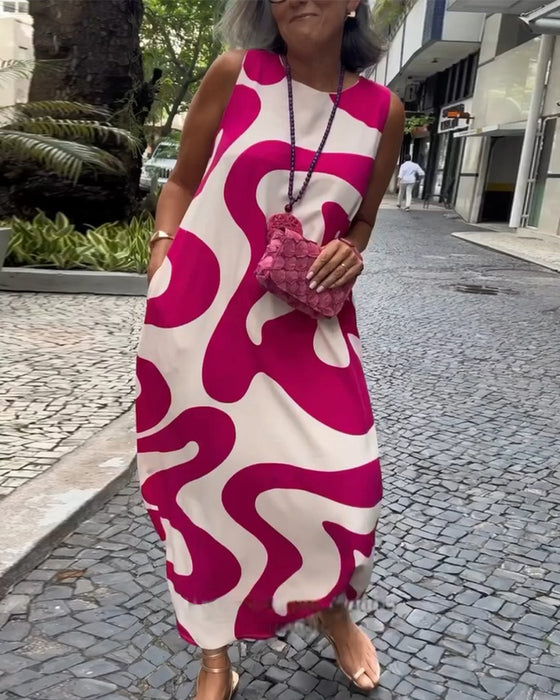 Rund Hals Ærmløs Kjole Med Geometrisk Tryk