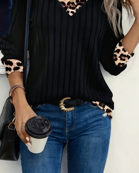 Top Lang Ærme V-Hals Leopard Patchwork