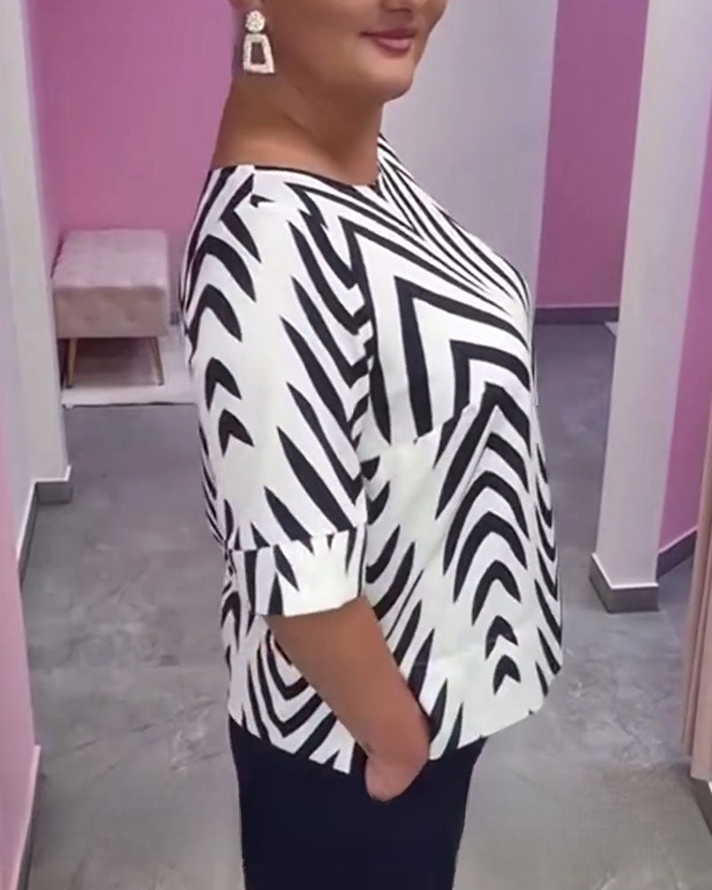 Top Rund Hals Halv Ærme Geometrisk