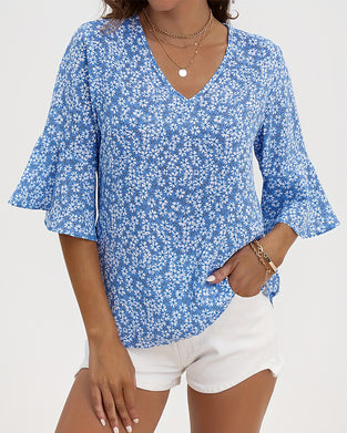 Bluse V-Hals Floral Sommerfugl Ærme