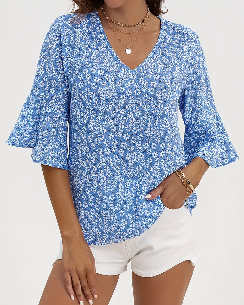 Bluse V-Hals Floral Sommerfugl Ærme