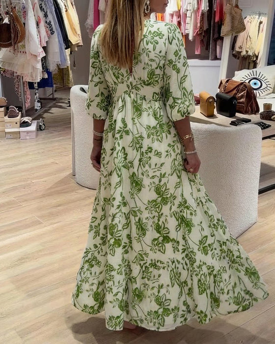 Kjole Dyb V-Hals Elegant Blomstret Lang