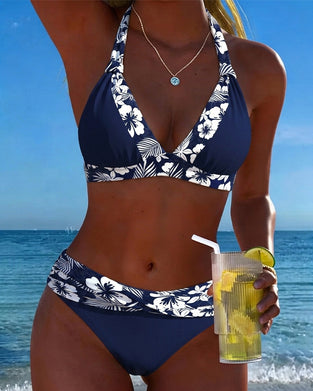 Bikini Dyb V Blå Hvid Tryk Trekant