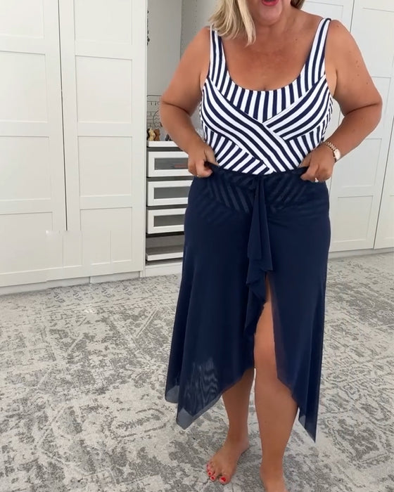 Sæt U-udskæring Stribet Én-dels Badetøj