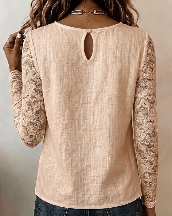 Bluse Rund Hals Knappet Blonder Patchwork Langærmet