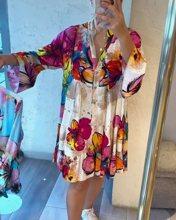 Kjole Farverig Stor Blomstret Print Kort