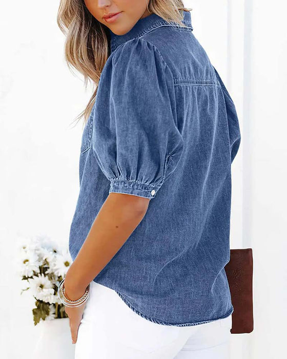 Skjorte Trykknap Denim Lanterne Ærme Løs