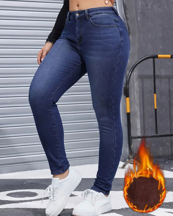 Jeans Dame Fleeceforet Ensfarvet Lomme