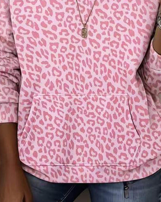 Hoodie Hætte Leopard Lomme Løs