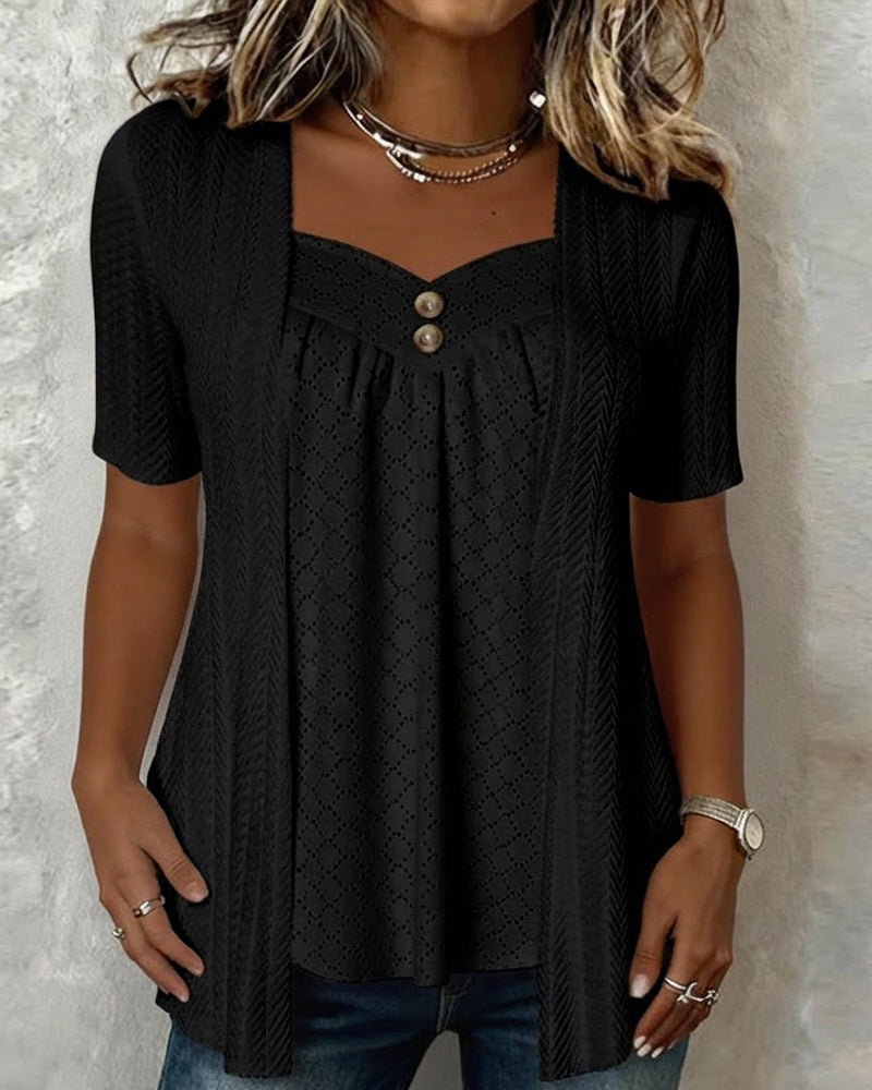 Bluse Falsk Lagdelt Firkantet Hals Hullet Patchwork