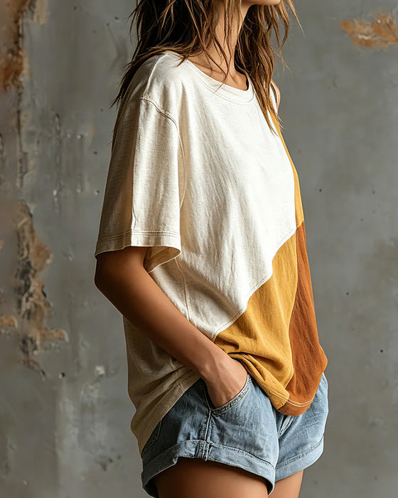 T-Shirt Farveblok Off-Skulder Løs
