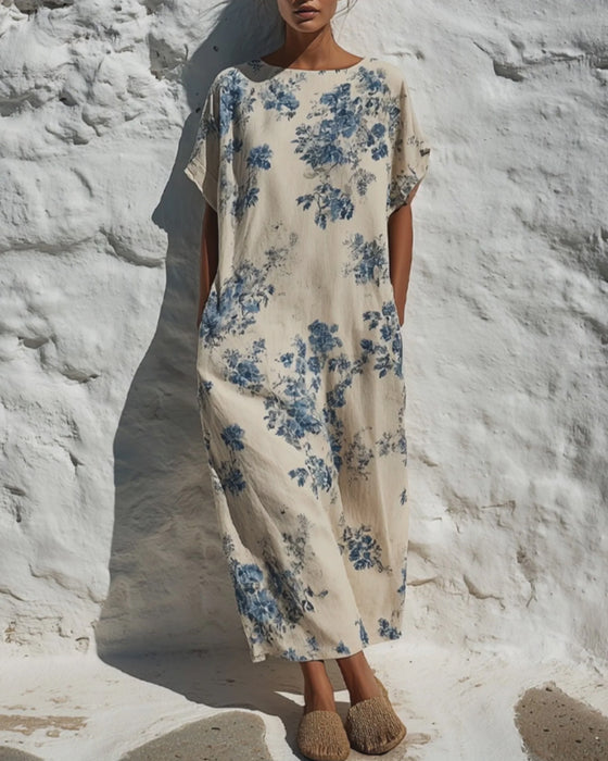 Kjole Rund Hals Vintage Blå Floral