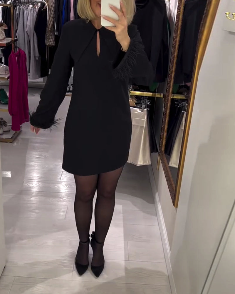 Ensfarvet Lige Skåret Langærmet Kjole