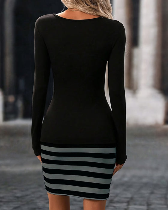 Kjole Lang Ærme Patchwork Stribe Bodycon