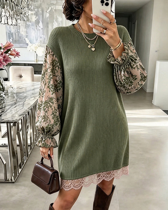 Kjole Rund Hals Ribbet Blonde Patchwork Flæse