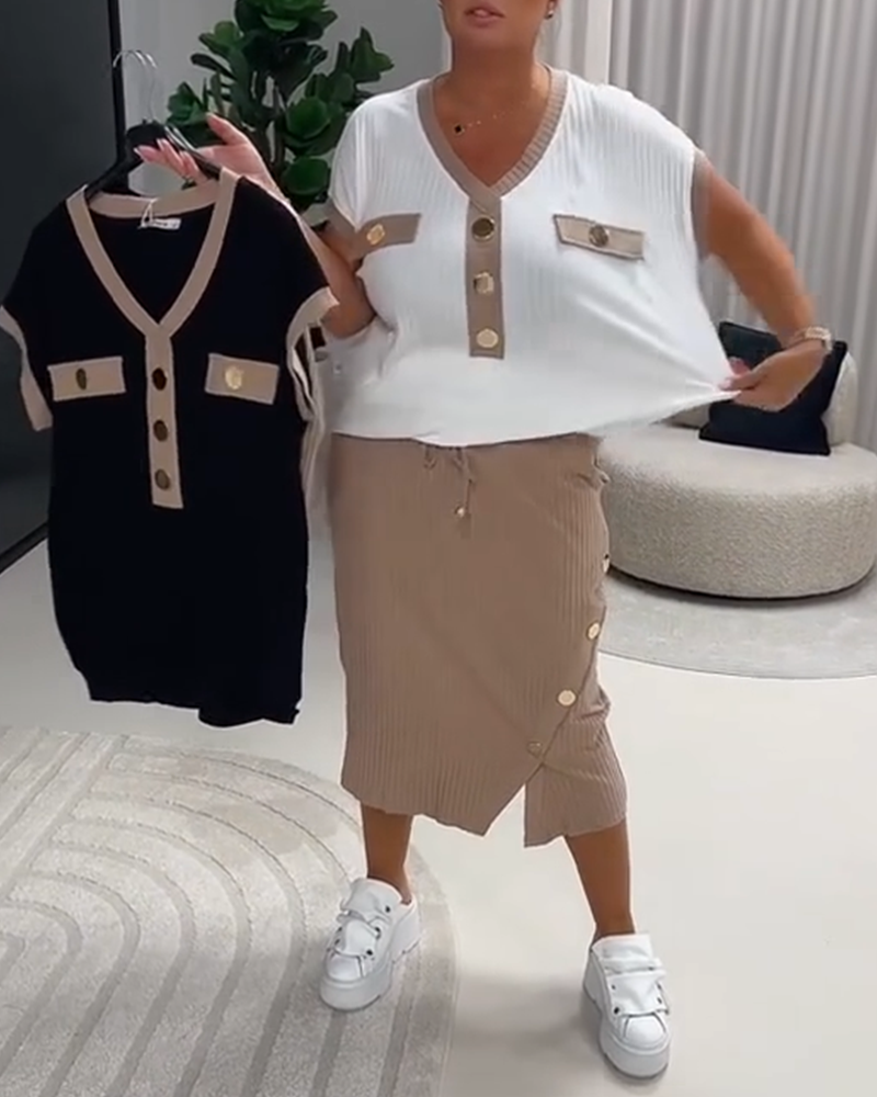 T-Shirt V-Hals Moden Ribbet Knap