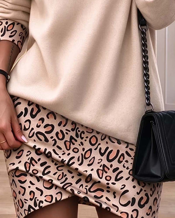 Kjole Høj Krave Leopard Tryk Slim