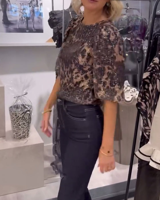 Bluse Med Lanterneærmer Pailletter Leopardprint