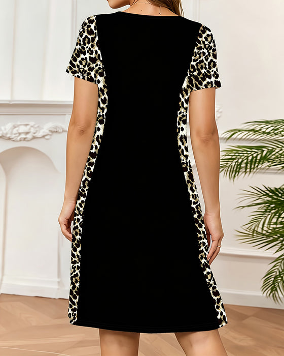 Kjole Rundhalset Leopard Farveblok