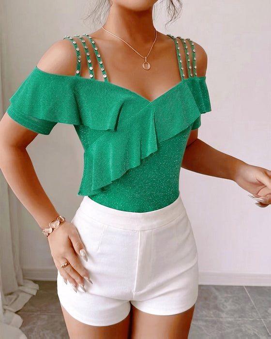 T-Shirt Diamantstropper Rynket Off-Shoulder V-Hals