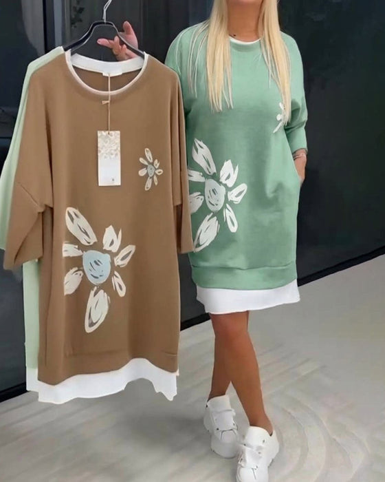 Sweatshirtkjole Rund Hals Trykt Patchwork