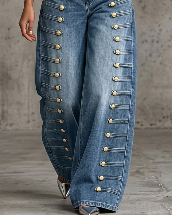 Bukser Knap Lomme Bredbenede Denim Lang