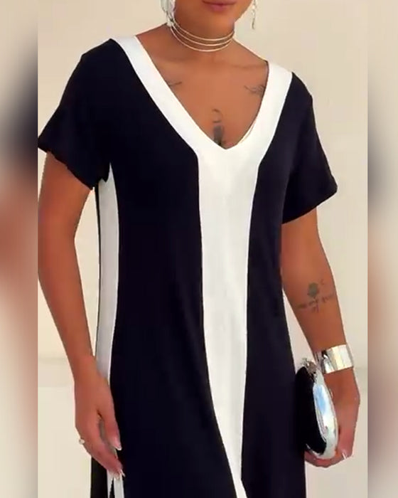Kjole Temperament V-Hals Kontrastfarve
