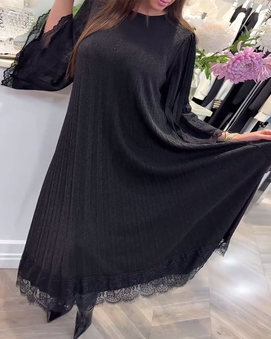 Kjole Rund Hals Løs Blonde Patchwork