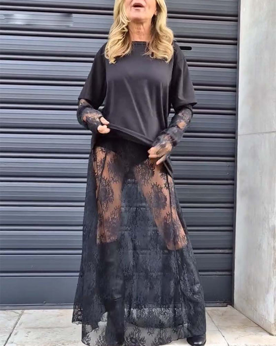 Todelt sæt - Sort top med blondeærmer og blondenederdel