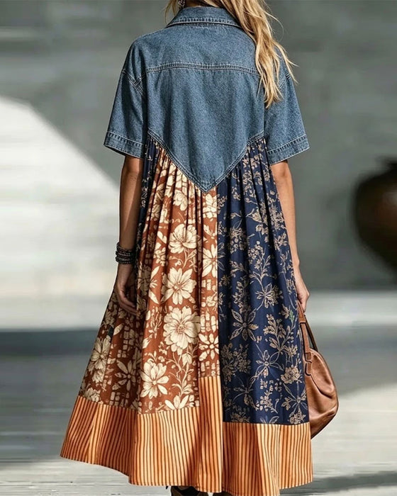 Kjole Skjortekrave Blomst Kontrast Denim Patchwork