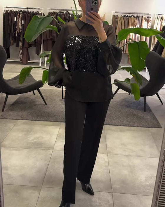 Bluse Ensfarvet Puffærme Krave