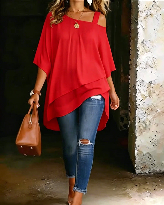 Bluse Asymmetrisk Cold Shoulder Ensfarvet Afslappet