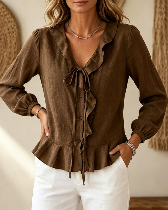 Bluse V-Hals Ruffle Slips Lang Ærme