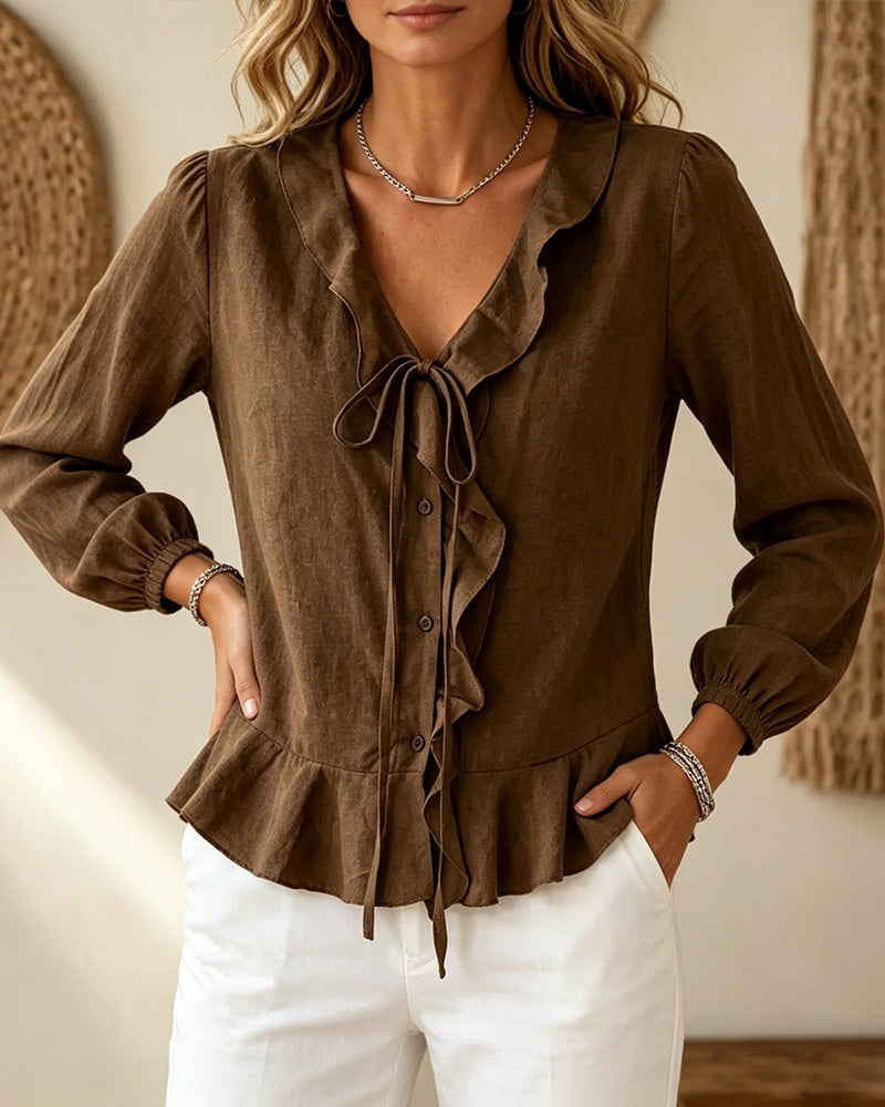 Bluse V-Hals Ruffle Slips Lang Ærme