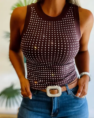 Tanktop Ensfarvet Ribstrikket Strass Tætsiddende