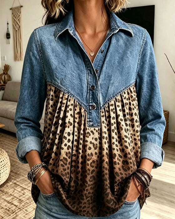 Top Denim Leopard Tryk Patchwork Krave