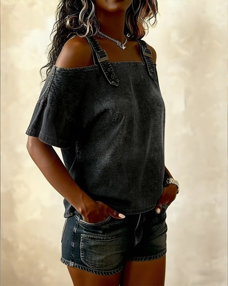 Bluse Off-Shoulder Med Skulderstrop Denim