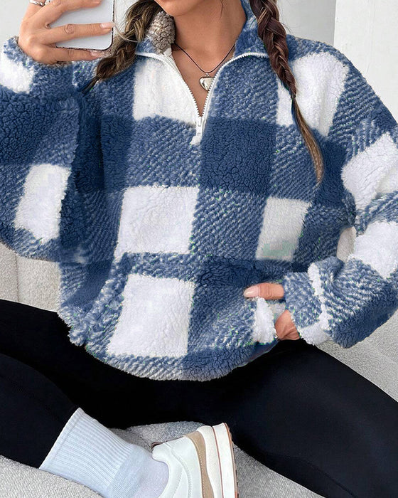 Sweatshirt Halv-Zip Ståkrave Rutemønster