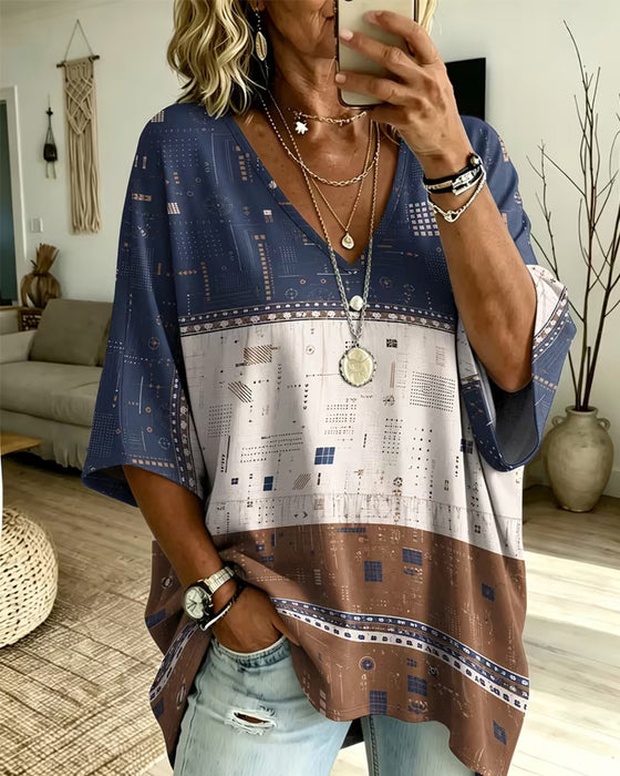Top V-Hals Farveblok Casual