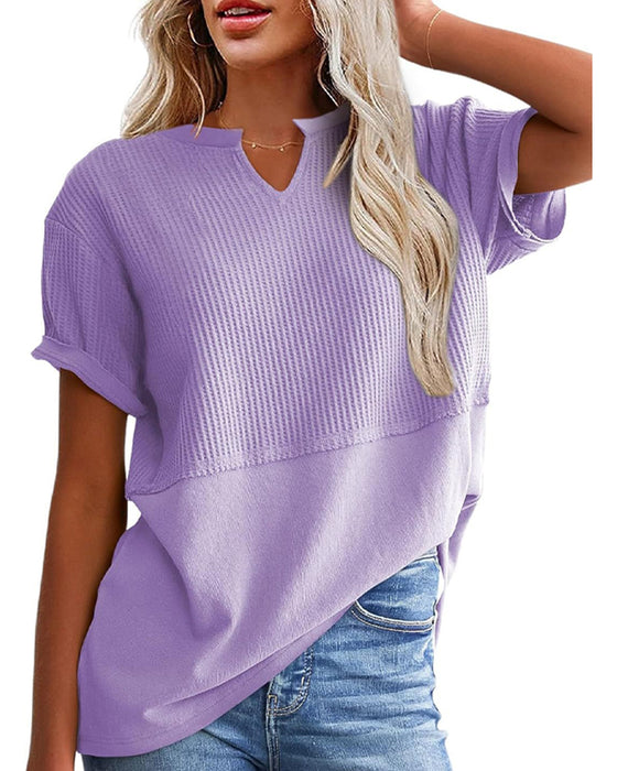 T-Shirt Indsnævret Talje Patchwork V-Udskæring Pullover