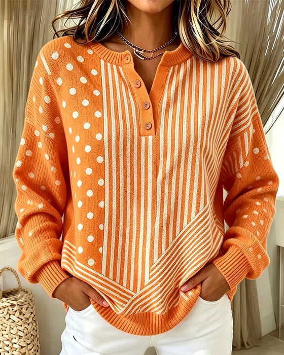 Pullover Knap Foran Stribe Prikket Drop Skulder Strikket