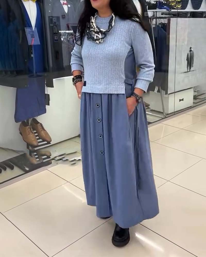 Kjole Casual Farveblok Rund Halsudskæring