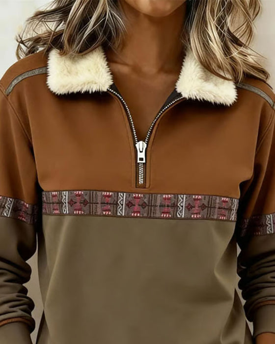 Sweatshirt Fleece Farveblok Halv Lynlås