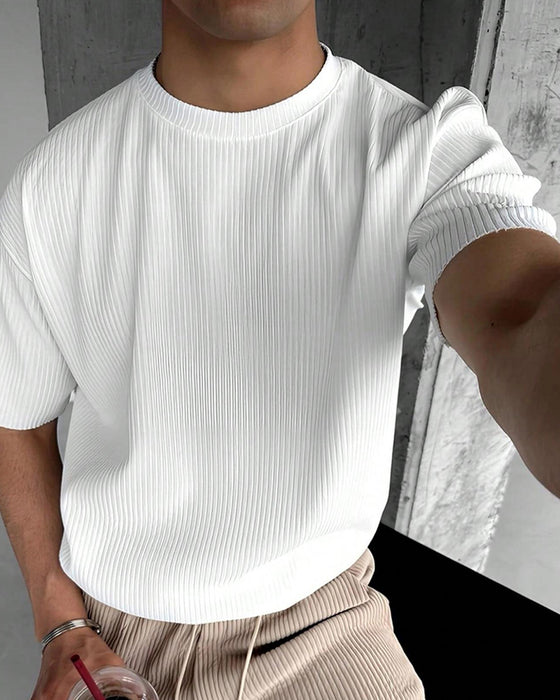 T-Shirt Ribbet Høj Hals Casual Ensfarvet