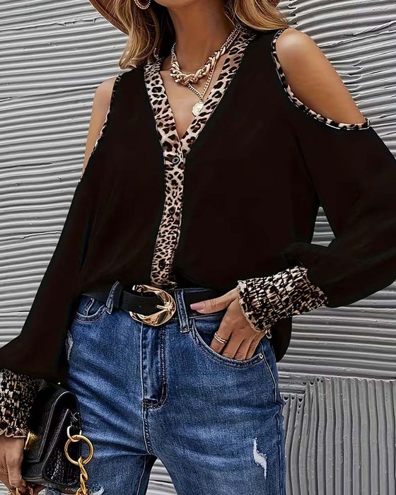 Bluse Off-Skulder Leopard Patchwork Lang Ærme
