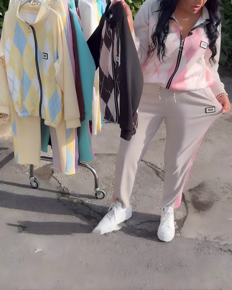 Todelt Sæt Ternet Top Med Lynlås Og Bukser