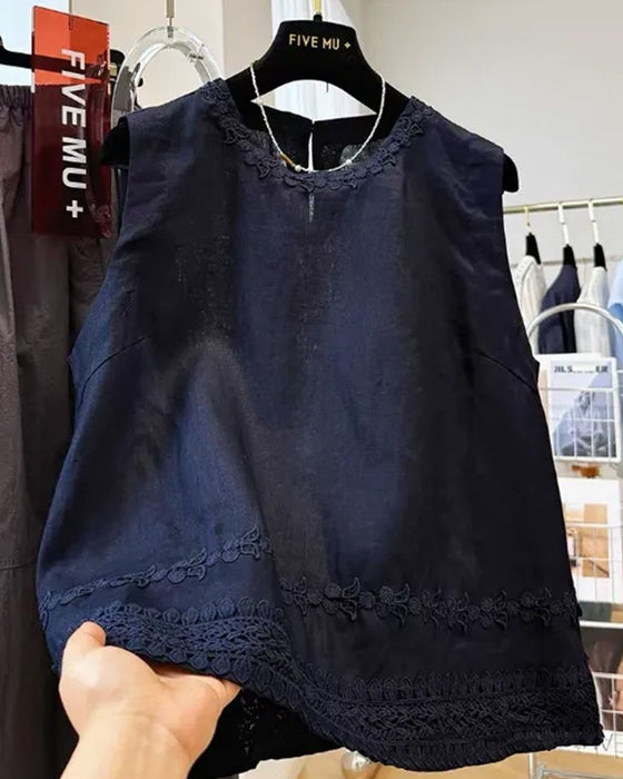 Tank Top Rund Hals Broderet Kant
