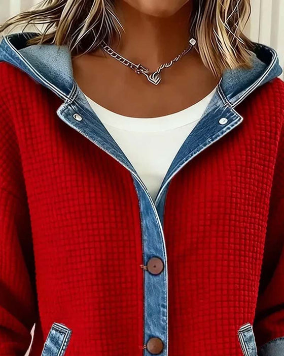 Frakke Hætte Knap Denim Patchwork